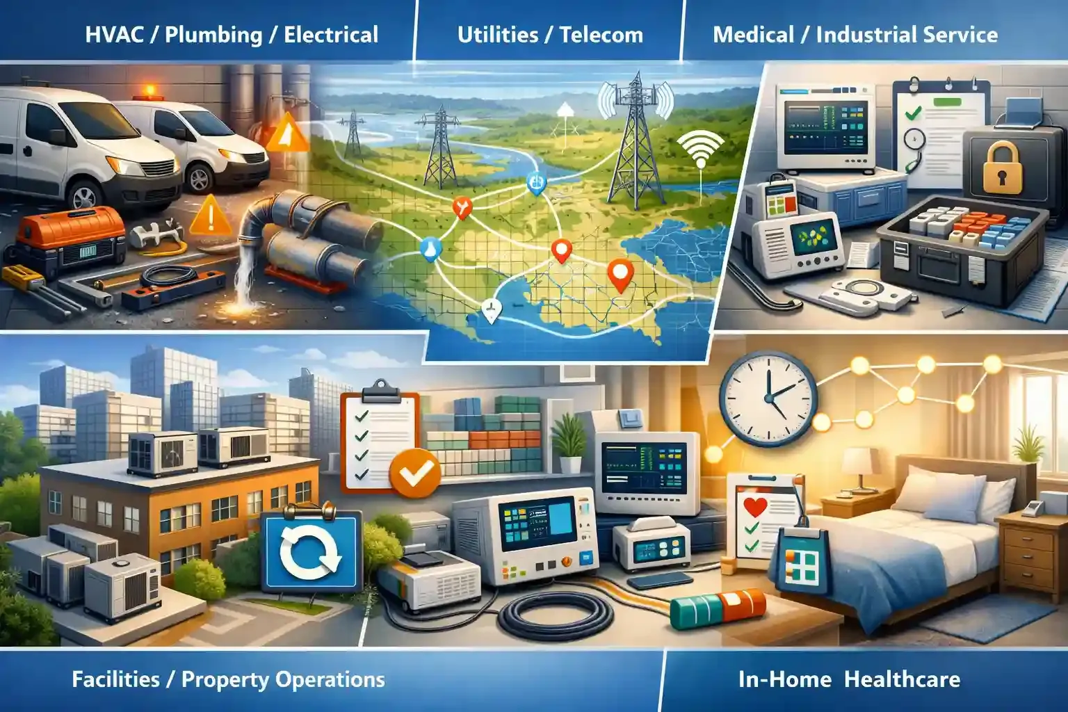 Split-scene showing field service scheduling across five industries